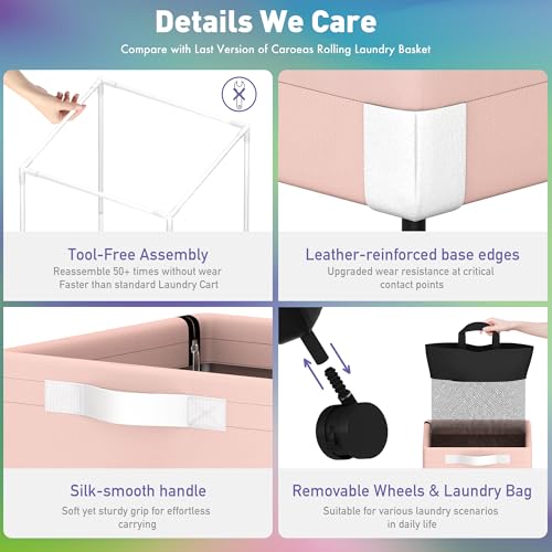 Caroeas Next-Gen 105L Matel Frame Laundry Basket with wheels, Heavy Duty Tall Rolling Laundry Hamper with Removable Wash Bag, Collapsible Freestanding Clothes Hamper For Laundry Room (105L,Pink,1Pack) - color: Pink
