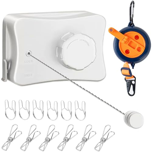 Retractable Clothesline Indoor Outdoor Clothes Line Kit, Heavy Duty Clothes Drying Laundry Line 16.7ft Wall Mounted Drying Rack Non-Sagging Air Dry Clothing Travel Clotheslines (White) - color: White