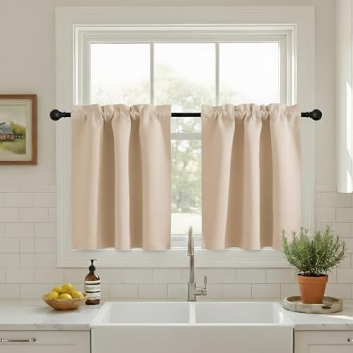 NICETOWN Small Curtains for Kitchen Window - Farmhouse Blackout Privacy Portable Curtain Tiers for Office Bathroom Basement Garage Storage RV Bunk, W34 x L36 inch, Biscotti Beige, 1 Pair - color: Biscotti Beige, size: 34"W x 36"L (Pack of 2)