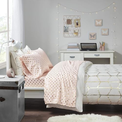 Intelligent Design Microfiber Cozy Bed Sheet Set, Modern All Season Bedding & Pillowcases, Premium 14" Elastic Pocket Fits up to 16" Mattress, Twin XL Blush/Gold Metallic Dot 3 Piece - color: Blush/Gold Metallic Dot, size: Twin XL