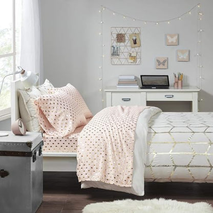 Intelligent Design Microfiber Cozy Bed Sheet Set, Modern All Season Bedding & Pillowcases, Premium 14" Elastic Pocket Fits up to 16" Mattress, Twin XL Blush/Gold Metallic Dot 3 Piece - color: Blush/Gold Metallic Dot, size: Twin XL