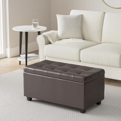 SIMPLIHOME Cosmopolitan Storage Ottoman - 34 inch Wide Upholstered Vegan Leather Rectangle Storage Ottoman Bench in Chocolate Brown, Transitional Tufted Ottoman for Living Room with Lift-Up Lid - color: Chocolate Brown