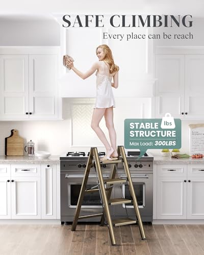 4 Step Ladder, Folding Step Stool with Wider Pedal, Anti-Slip Feet & Non Slip Stripes, Aluminum Sturdy Material, 300Lbs Capacity, Elegant Look of Champagne Gold Better Matches Your Home - color: Champagne Gold, size: 4 Step
