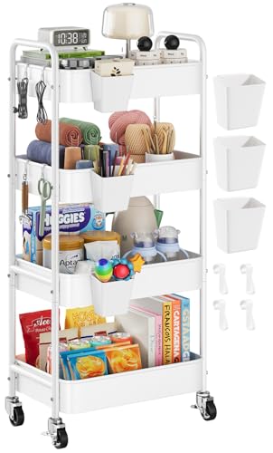 Heavy Duty 4 Tier Rolling Storage Cart Metal with Wheels, White Four Tiered Utility Roller Carts Organizer on Wheels for Art, Craft, Baby Diaper Caddy, Snack, Book, Large-Capacity Shelving Units, 37in - color: Light White, size: 4 Tier + Cups + Hooks