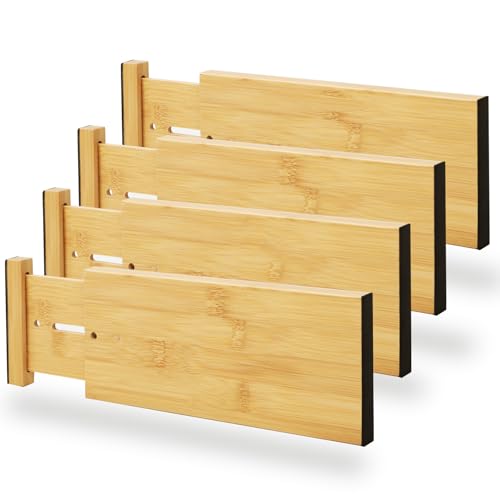 BAMEOS 4" High Bamboo Drawer Dividers - Adjustable Small Drawer Organizer - Kitchen, Dresser, Bathroom, Bedroom & Office - 4-pack - size: 4''H, 10''-12.28''L
