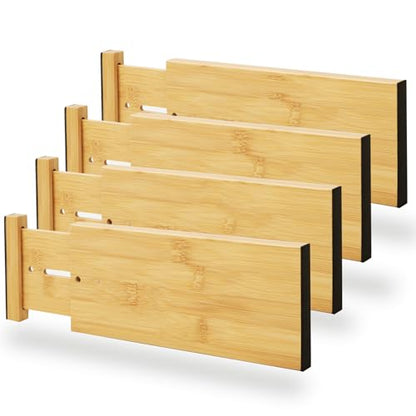 BAMEOS 4" High Bamboo Drawer Dividers - Adjustable Small Drawer Organizer - Kitchen, Dresser, Bathroom, Bedroom & Office - 4-pack - size: 4''H, 10''-12.28''L