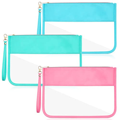 Sanwuta 3 Pcs Sunscreen Bag Clear Flat Zipper Pouch, Summer PVC Waterproof Zipper Makeup Bag, Chenille Letter Snack Travel Cosmetic Tote Pouch Set for Beach Women Teacher Gifts(Pink, Green, Blue) - color: Pink, Green, Blue