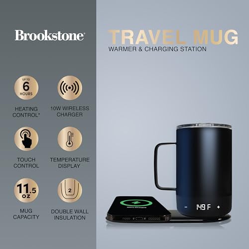 Brookstone Smart Self Heating Travel Mug & Wireless Phone Charging Station - 11 oz Temperature Control Heated Coffee Tumbler | 6Hr Battery for Continuous Warmth | Double-Wall Stainless Steel - Black - color: Black Mug
