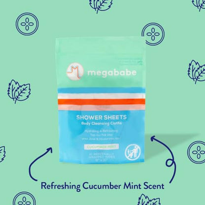 Megababe Cucumber Mint Shower Sheets | Individually Wrapped Body Cleansing Cloths | 10 Wipes (Pack of 2) - size: 10 Count (Pack of 2)