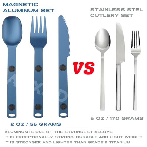 Magnetic Camping Utensils Set, Portable & Reusable Metal Travel Flatware, Camping Cutlery Set, Knife, Fork & Spoon, 3-PACK, Blue - color: Blue