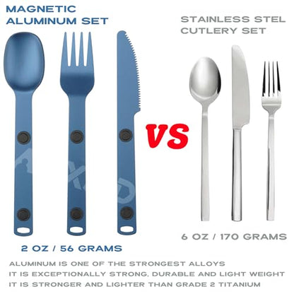Magnetic Camping Utensils Set, Portable & Reusable Metal Travel Flatware, Camping Cutlery Set, Knife, Fork & Spoon, 3-PACK, Blue - color: Blue