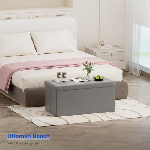 BRIAN & DANY 30 Inches Storage Ottoman Bench, Faux Leather Ottoman with Storage, Folding Bench Shoe, Foot Rest Stool, for Living Room, Gray - color: Leather-grey