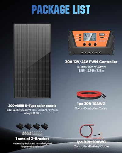 200 Watt Solar Panel Kit, 18BB 200W N-Type Solar Panels 25% Efficiency, 30A Charge Controller, 10AWG Solar Cable and Tray Cable, Black Z Brackets Boat, Camper - style: 200W KIT