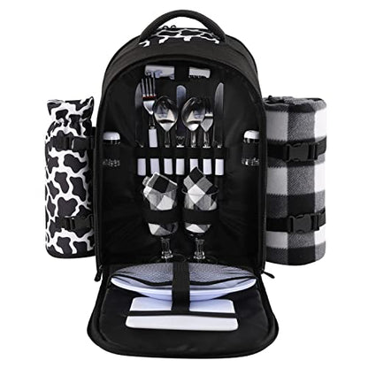 apollo walker Picnic Backpack Bag for 2 Person with Cooler Compartment, Detachable Bottle/Wine Holder, Fleece Blanket, Plates and Cutlery Set (2 Person, Black) - color: Black, size: 2 Person