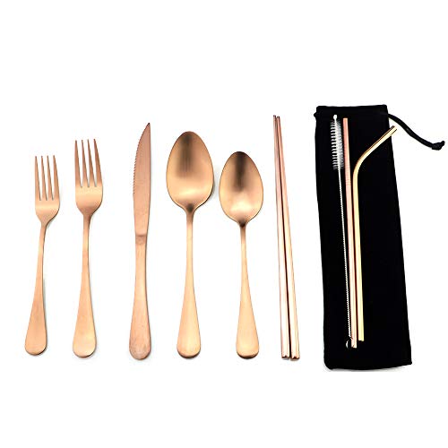 Rose Gold Reusable Utensils with Case Camping Travel Silverware Set,Portable Stainless Steel Cutlery Set - Matte Flatware Knife Fork Spoon Mirror Straws Chopsticks - for Office Lunch, Hiking, School - color: Rose Gold