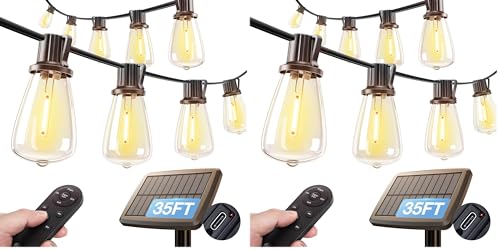 addlon 35FT Solar String Lights Outdoor, IP54 Waterproof Solar Powered with Remote & USB Port, 10+1 LED Shatterproof Bulbs, Dimmable Solar Light Outdoor for Camping Backyard Bistro Porch (Pack of 2) - size: 35FT (Pack of 2)
