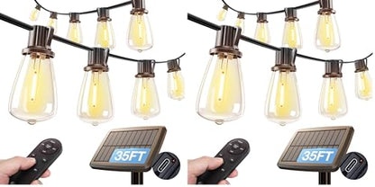 addlon 35FT Solar String Lights Outdoor, IP54 Waterproof Solar Powered with Remote & USB Port, 10+1 LED Shatterproof Bulbs, Dimmable Solar Light Outdoor for Camping Backyard Bistro Porch (Pack of 2) - size: 35FT (Pack of 2)