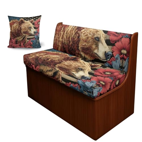 Bear Hibiscus Pattern 3 Pcs RV Dinette Cushion Covers Anti-Slip Camper Cushion Slipcover Stretch 2 Seat Sofa Chair Covers 1 Backrest Cover 1 Bench Cover and 1 Pillowcase - color: Bear Hibiscus