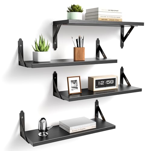 ROMGUAR CRAFT Wood Floating Shelves Set of 4, Rustic Storage Decor Wall Shelves, Wall Mounted Shelf for Living Room, Bedroom 17" x 6", Black - color: Black, size: 17" x 6"