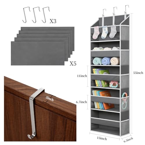 Over the Door Organizer with 5 Large Pockets and 10 Mesh Side Pockets, Hanging Organizer with Clear Windows 44 lbs Weight Capacity for Bedroom, Bathroom, Pantry, Nursery Dark Gray