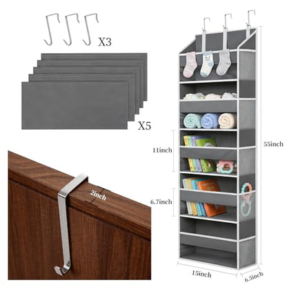 Over the Door Organizer with 5 Large Pockets and 10 Mesh Side Pockets, Hanging Organizer with Clear Windows 44 lbs Weight Capacity for Bedroom, Bathroom, Pantry, Nursery Dark Gray
