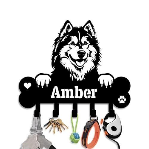 NIWAHO Dog Leash Holder for Wall Personalized - Alaskan Malamute Custom Metal Sign with Bone Key Hooks, Entryway Mudroom Organizer Rack, Pet Room Decor - color: Alaskan Malamute