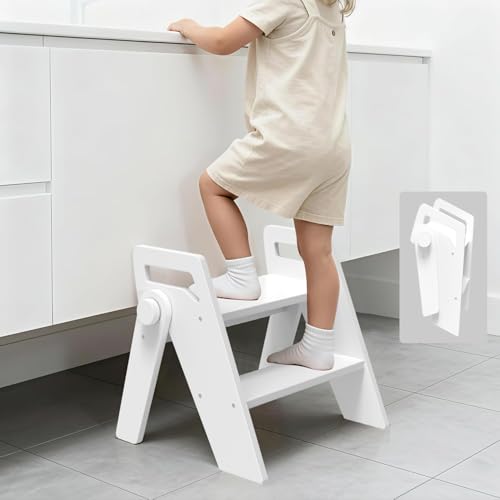 Wooden 2 Step Stool for Toddler Kids Bathroom Foldable 2-Step for Toilet Potty Training, Child Stepping Stool for Kitchen Nursery Bedroom,White - color: White