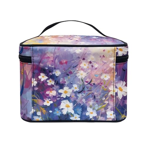 Flashideas Daisy Print Makeup Bag Portable Cosmetic Bag Large Capacity Travel Toiletry Bag Double Zippers for Cosmetics Vertical Storage Multifunctional Makeup - color: Daisy Print 1