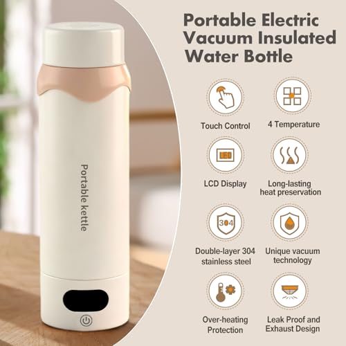 Insulated Stainless Steel Electric Kettle Small, Smart Water Bottle with 4 temperature control, Leak-Proof, Mini Travel Essentials Portable Office Gifts for Tea Lovers, Cream