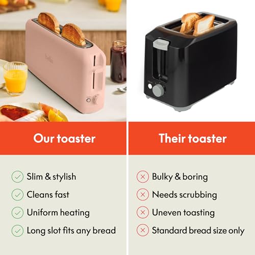 bella 2 Slice Slim Toaster, Fits-anywhere™ Kitchenware, 6 Setting Shade Control with Reheat & Cancel Buttons, Fits sourdough, 10” Long Slot, Anti Jam & Auto Shutoff, 900 Watt, Blossom - color: Blossom, size: 2 Slice