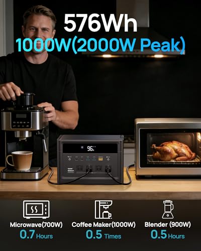 DARAN 1000W Portable Power Station, 576Wh Backup Battery & Solar Generator w/ 4 AC Outlets (Surge 2000W), 100W USB-C, LiFePO4 for Camping, Road Trips, RV & Emergency - color: Fog black
