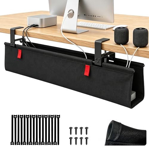 Under Desk Cable Management No Drill – 28" L x 6" W Cord Organizer, Upgraded Silicone Pads (No Scratch), 16 Cable Slots, Washable PE Honeycomb Base, Fits Desks 0–2.1" Thick, Black - color: Black, size: Upgraded with Enhanced Features-28"L x 6.0"W