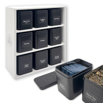 AllSpice Tea Organizer Rack with 9 Tins & 160 Magnetic Labels – Perfect for Bagged & Loose Leaf Tea Organization - White - color: White