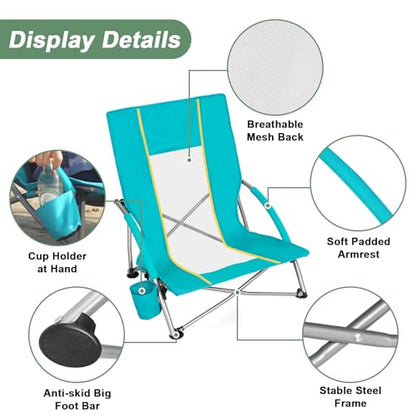 Romswi Low Beach Chairs for Adults 2 Pack, Lightweight Folding Sand Chairs with Breathable Mesh Back & Cup Holder, Portable Compact Camping Chairs, 300lbs Capacity,Green - color: Green - Low Back
