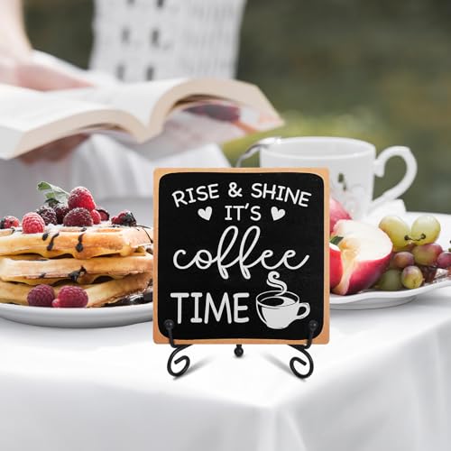 YUXIANLB Coffee Bar Sign Decor 4"X 4" Rise & Shine It's Coffee Time Wooden Plaque for Home Kitchen Bar Tabletop Rustic Farmhouse Wood Cafe Signs with Stand for Cafe Corner Shelf Table Decorations