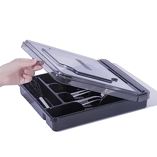 Silverware Organizer With Lid, Utensil Drawer Organizer. Removable Lid, 5 Slots Total Caddy for Flatware Cutlery Knives, Forks, Spoons.Black.