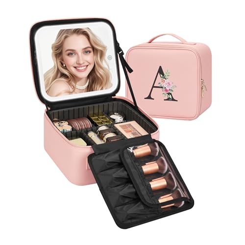 Relavel Initial Makeup Bag with LED Mirror for Women, Personalized Monogram Travel Cosmetic Organizer Train Case, Gifts for Teens Girls Grandkids Graduation Teacher Friends, Trendy Stuff, Pink A - color: Pink, style: A