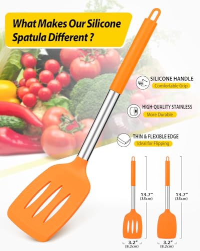 Pack of 2 Silicone Solid Turner, Non Stick Slotted Kitchen Spatulas, High Heat Resistant BPA Free Cooking Utensils, Ideal Cookware for Fish, Eggs, Pancakes (ORANGE) - color: Orange