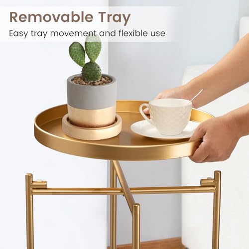 danpinera 2-Tier End Table, Outdoor Side Table Metal Round Side Table with Removable Tray, Small Folding Accent Table, Anti-Rust Nightstand for Bedroom Balcony Patio Living Room (Gold) - color: Gold