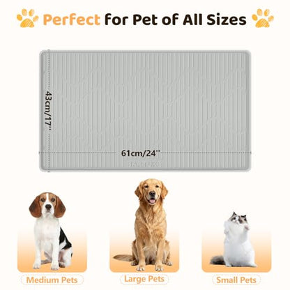Silicone Cat & Dog Food Mat, 24" x 17" Large Pet Feeding Mat for Cats and Dogs Bowl, Pet Placemat for Food and Water with Raised Edge, Waterproof, Leakproof (Grey) - size: 24"L x 17"W