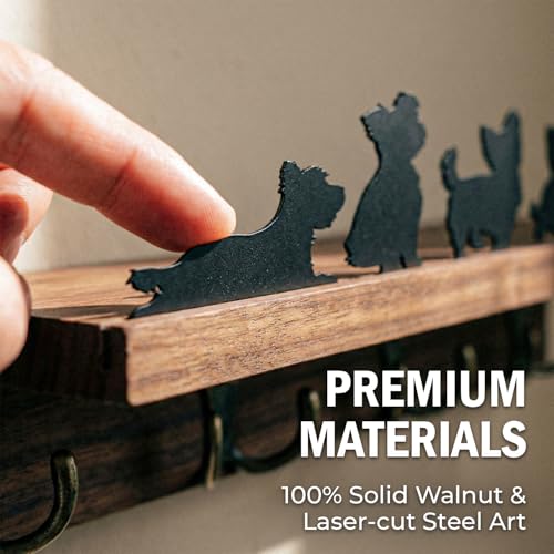 Solid Walnut Dog Leash Holder for Wall, Custom Dog Metal Silhouette Key Hanger & Top Shelf for Entryway Storage, Heavy Duty Pet Collar Rack, 15.8 Inch (Yorkshire Terrier)