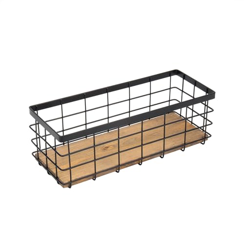 TIEYIPIN Farmhouse Small Metal Wire Storage Basket Bin, Rustic Home Storage Organizer with Wooden Bottom for Kitchen, Cabinets, Bathroom Counter, Pantry, Garage, Laundry Room - Black - color: Black, size: 1 Pack