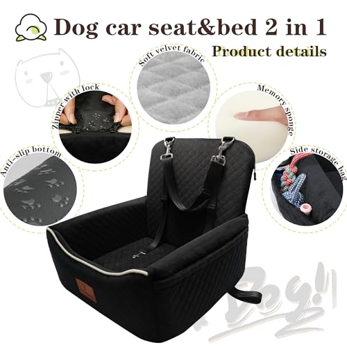 Dog Car Seat Bed 2 in 1 for Small/Medium Dogs up to 35 lbs,Adjustable Safety Leashes,Memory Foam with Soft Fabric Pets Travel Car Bed,Easily Installed in Front and Back seat,Removable and Washable. - color: Black