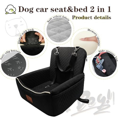 Dog Car Seat Bed 2 in 1 for Small/Medium Dogs up to 35 lbs,Adjustable Safety Leashes,Memory Foam with Soft Fabric Pets Travel Car Bed,Easily Installed in Front and Back seat,Removable and Washable. - color: Black