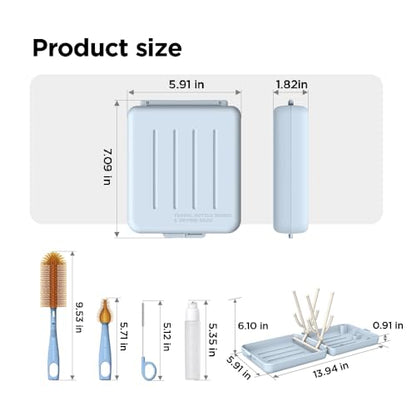 YOTIME Travel Bottle Brush, Travel Bottle Cleaner Kit with Foldable Bottle Drying Rack, for Visit Friends and Relations, Baby Travel Essentials, BPA Free, Blue - color: Blue