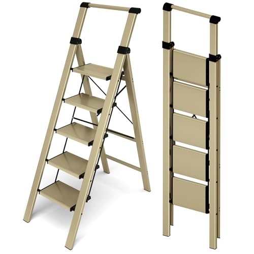 HillhutApex 5 Step Foldable Aluminum Step Ladder with Handgrip, Anti-Slip Pedal, 330 lbs Capacity, Lightweight & Portable for Home, Kitchen, Office, Garage (Gold) - color: Gold, size: 5 Step With Handrail