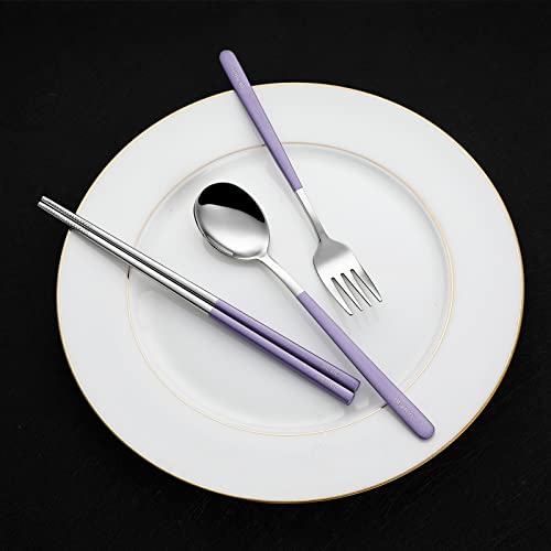 DEVICO Travel Utensils, Portable 18/8 Stainless Steel Silverware Flatware Set, Include Fork Spoon Chopsticks with Case (Purple) - color: Purple