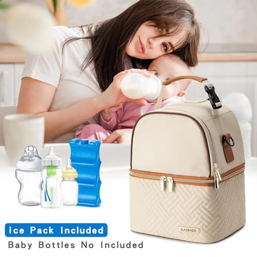 Breastmilk Cooler Bag with Ice Pack Fits 6 Baby Bottles up to 9 Ounce, Breast Milk Pump Cooler Bag with Shoulder Strap for Nursing Mom Daycare, Work, Travel- Cream - color: Cream