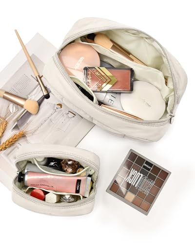 oscaurt 2 Pcs Makeup Bag Travel Toiletry Bag for Women Puffy Padded Cosmetic Pouch Purse Wide-open Makeup Organizer Case Travel Essentials - color: Khaki-Set
