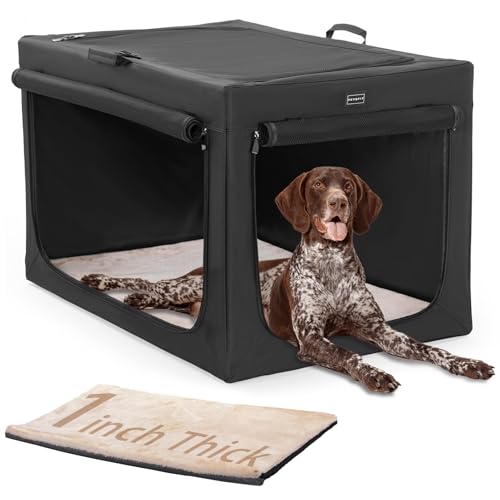 PETSFIT Portable Dog Crate for Large Dogs, – 40" Soft Dog Travel Crates with Lockable Zippers & Thicken Mat, Adjustable Patented Spiral Steel Frame, Collapsible Kennel for Indoor & Outdoor - color: Black(With Mat), size: 40.0"L x 25.0"W x 25.0"H